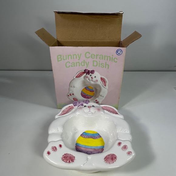 Vintage Easter Bunny Ceramic Candy Dish Egg Bowl Giftco w/ Box Spring Decor - Picture 2 of 13
